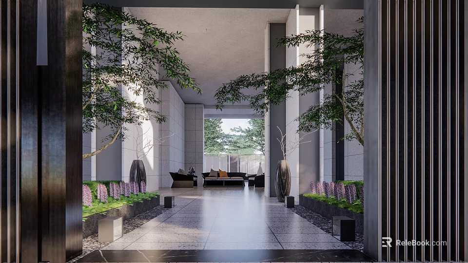 Modern Residential Landscape With Covered Entrance Tall Trees Green Plants And Bench Seating 3d model 