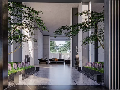 Modern Residential Landscape With Covered Entrance Tall Trees Green Plants And Bench Seating 3d model
