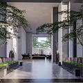 Modern Residential Landscape With Covered Entrance Tall Trees Green Plants And Bench Seating