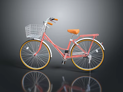 Pink Bicycle With White Basket Orange Seat And Yellow Rims Studio Shot 3d model