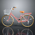 Pink Bicycle With White Basket Orange Seat And Yellow Rims Studio Shot