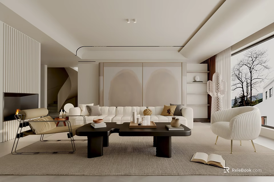 Elegant Modern Living Room Interior With White Sofa Black Coffee Tables And Woven Rug 3d model 