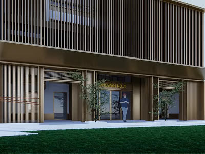 Modern Entrance Gate Featuring Golden Vertical Slats Grandiardo Sign Plants and Person 3d model