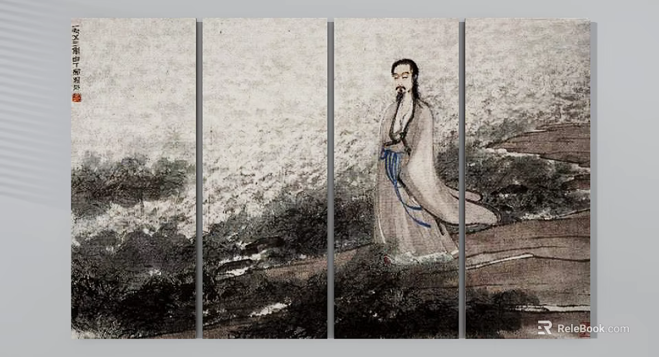 Traditional Chinese Figure Painting With Robe Clad Bearded Man And Landscape Triptych Panels 3d model 