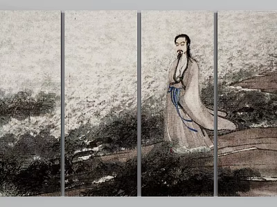 Traditional Chinese Figure Painting With Robe Clad Bearded Man And Landscape Triptych Panels 3d model
