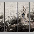 Traditional Chinese Figure Painting With Robe Clad Bearded Man And Landscape Triptych Panels