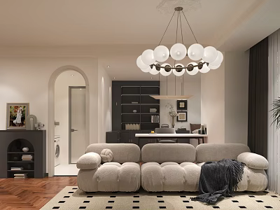 Modern Living and Dining Room with Beige Sofa Round Bulb Chandelier Black Beige Rug and Wooden Flooring 3d model