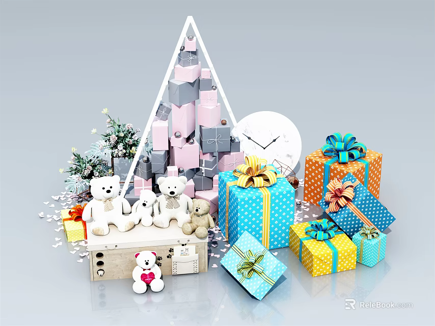 Festive Decorative Ornament Set With Pyramid Blocks Teddy Bears Christmas Tree Gift Boxes And Clock 3d model 