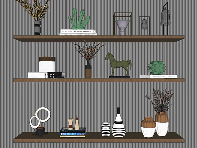 Stylish Decorative Ornament Set with Green Plants Vases Horse Figurine and Books on Shelves 3d model