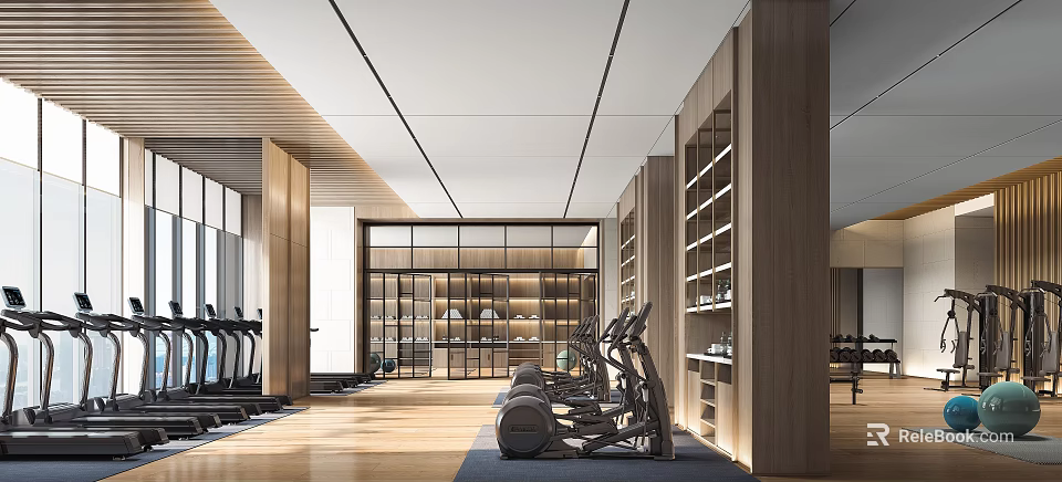 Modern Gym Interior With Spacious Workout Area Treadmills Elliptical And Wooden Elements 3d model 