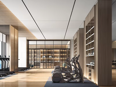 Modern Gym Interior With Spacious Workout Area Treadmills Elliptical And Wooden Elements 3d model