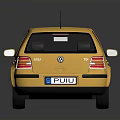 Golden Hatchback Car With Black Stripes And Silver Rims On Reflective Surface