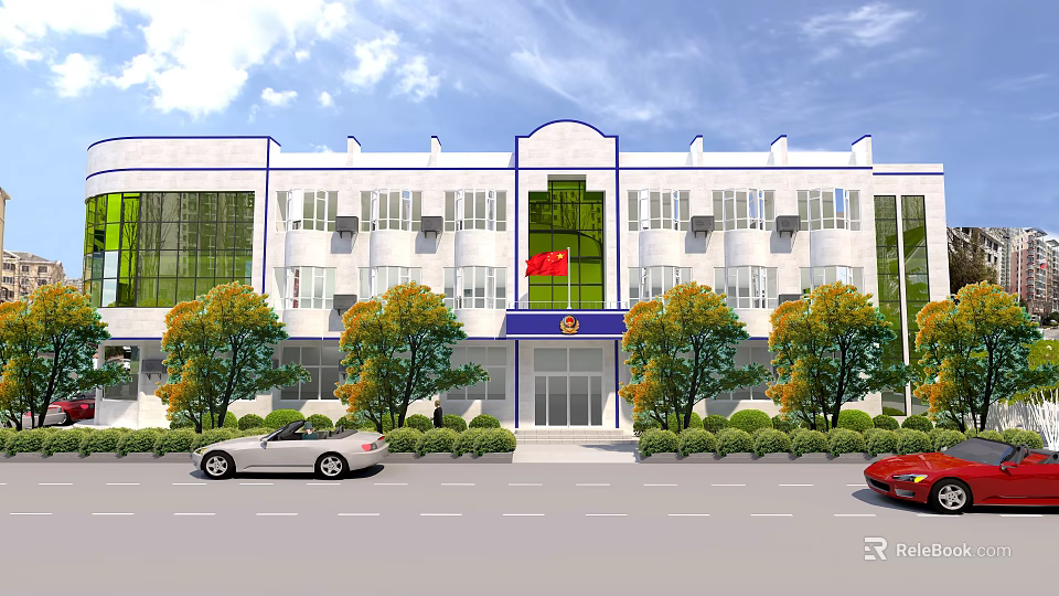 White Building Exterior with Blue Accents Red Flag Trees and Cars in Front 3d model 
