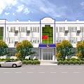 White Building Exterior with Blue Accents Red Flag Trees and Cars in Front