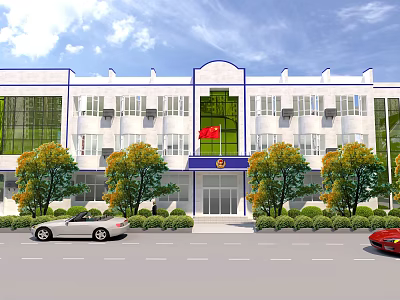 White Building Exterior with Blue Accents Red Flag Trees and Cars in Front 3d model