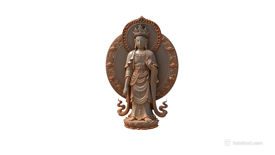 Elaborate Wooden Carving Buddha Statue Ornament Decoration Set With Crown And Circular Halo 3d model 
