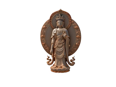 Elaborate Wooden Carving Buddha Statue Ornament Decoration Set With Crown And Circular Halo 3d model