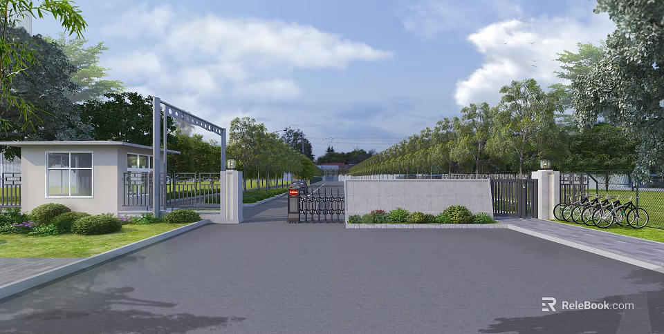 Modern Entrance Gate Design With Stone Pillars Metal Railings And Lush Trees Along Driveway 3d model 
