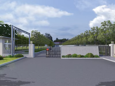 Modern Entrance Gate Design With Stone Pillars Metal Railings And Lush Trees Along Driveway 3d model