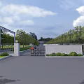 Modern Entrance Gate Design With Stone Pillars Metal Railings And Lush Trees Along Driveway