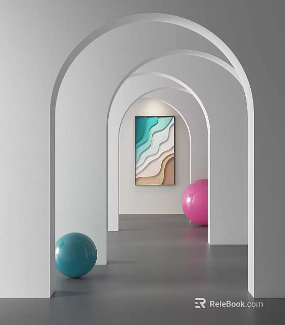 Modern Interior Featuring Multiple White Archways Wavy Pattern Painting And Blue Pink Balls 3d model 