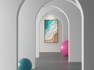 Modern Interior Featuring Multiple White Archways Wavy Pattern Painting And Blue Pink Balls 3d model