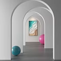 Modern Interior Featuring Multiple White Archways Wavy Pattern Painting And Blue Pink Balls