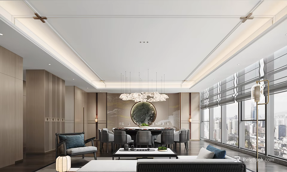 Modern Private Room Interior With Luxury Furniture And City View 3d model 