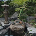 Traditional Japanese Garden Scene With Stone Lantern Flowing Water Rocks And Green Plants