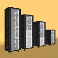 Modern Computer Server Racks With Transparent Glass Doors And Internal Equipment On Yellow Background