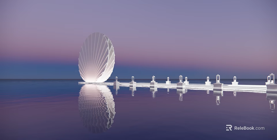 Modern White Shell Shaped Building With Waterfront Reflection And Purple Sky 3d model 