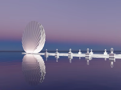 Modern White Shell Shaped Building With Waterfront Reflection And Purple Sky 3d model