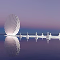 Modern White Shell Shaped Building With Waterfront Reflection And Purple Sky 3d model