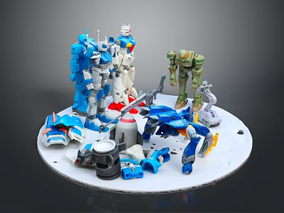 Multi Colored Robot Creatures In Standing Positions With Transformed Parts On White Circular Tray 3d model