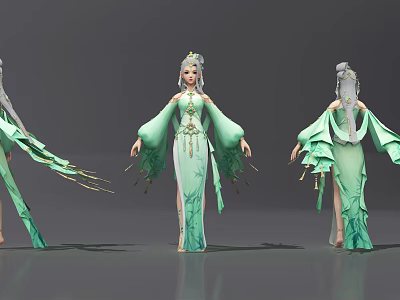 Game Movie Character In Green Long Dress With Flowy Sleeves And Ancient Style Design 3d model