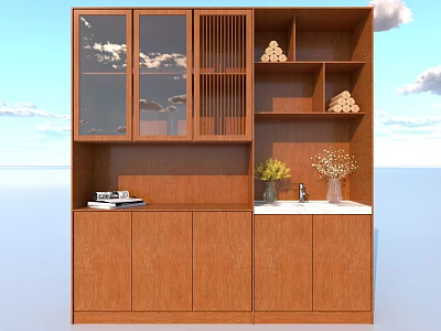 Wooden Wine Cabinet With Glass Doors Shelves Vase Plant And Books 3d model