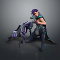 Sci Fi Game Character With Purple Hair Green Accents Cloak Mechanical Companion And Weapon