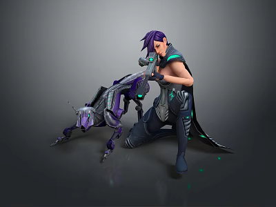 Sci Fi Game Character With Purple Hair Green Accents Cloak Mechanical Companion And Weapon 3d model