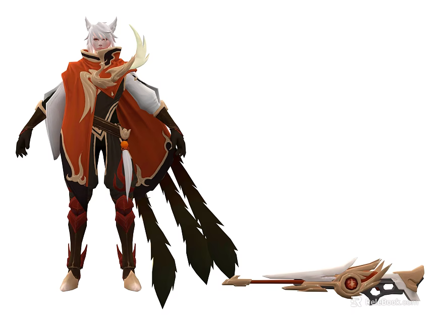 Game and Movie Character With White Horns Red Cloak Black Tail And Golden Weapon 3d model 