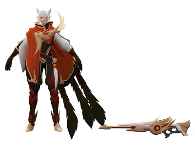 Game and Movie Character With White Horns Red Cloak Black Tail And Golden Weapon 3d model