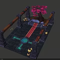 Stylized Oriental Garden Ornament With Pink Maple Tree Stone Pillars Red Pathway And Decorative Pots