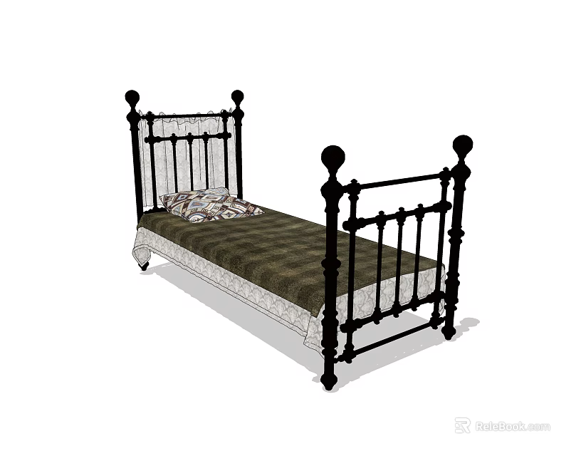 Ornate Black Metal Single Bed With Dark Green Mattress And Patterned Pillow 3d model 