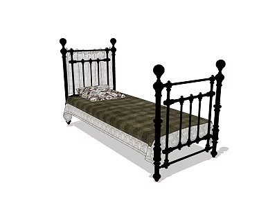 Ornate Black Metal Single Bed With Dark Green Mattress And Patterned Pillow 3d model