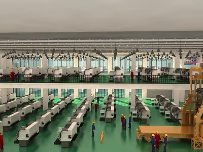 Industrial Workshop Interior With Machinery Production Lines Workers Green Floor And Windows 3d model
