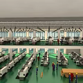 Industrial Workshop Interior With Machinery Production Lines Workers Green Floor And Windows