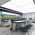 Modern Monitoring Room With Multiple Monitor Screens Console Desks And Office Chairs