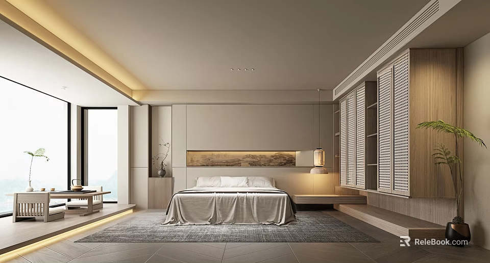 Elegant Modern Hotel Room Interior With King Bed White Bedding And Large Window 3d model 