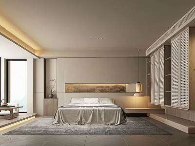 Elegant Modern Hotel Room Interior With King Bed White Bedding And Large Window 3d model