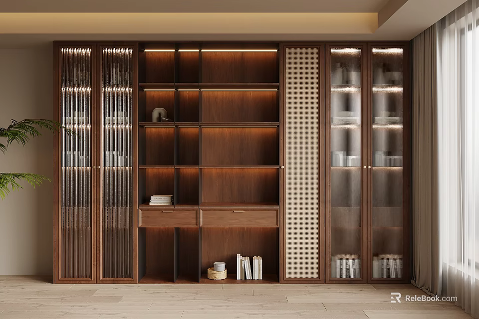Modern Wooden Bookcase With Glass Doors Multiple Shelves And Decorative Storage Space 3d model 