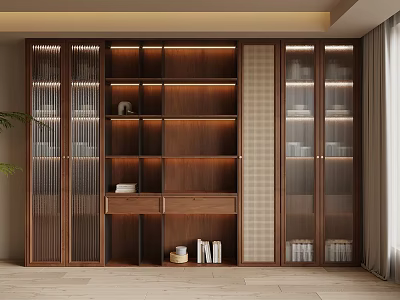 Modern Wooden Bookcase With Glass Doors Multiple Shelves And Decorative Storage Space 3d model
